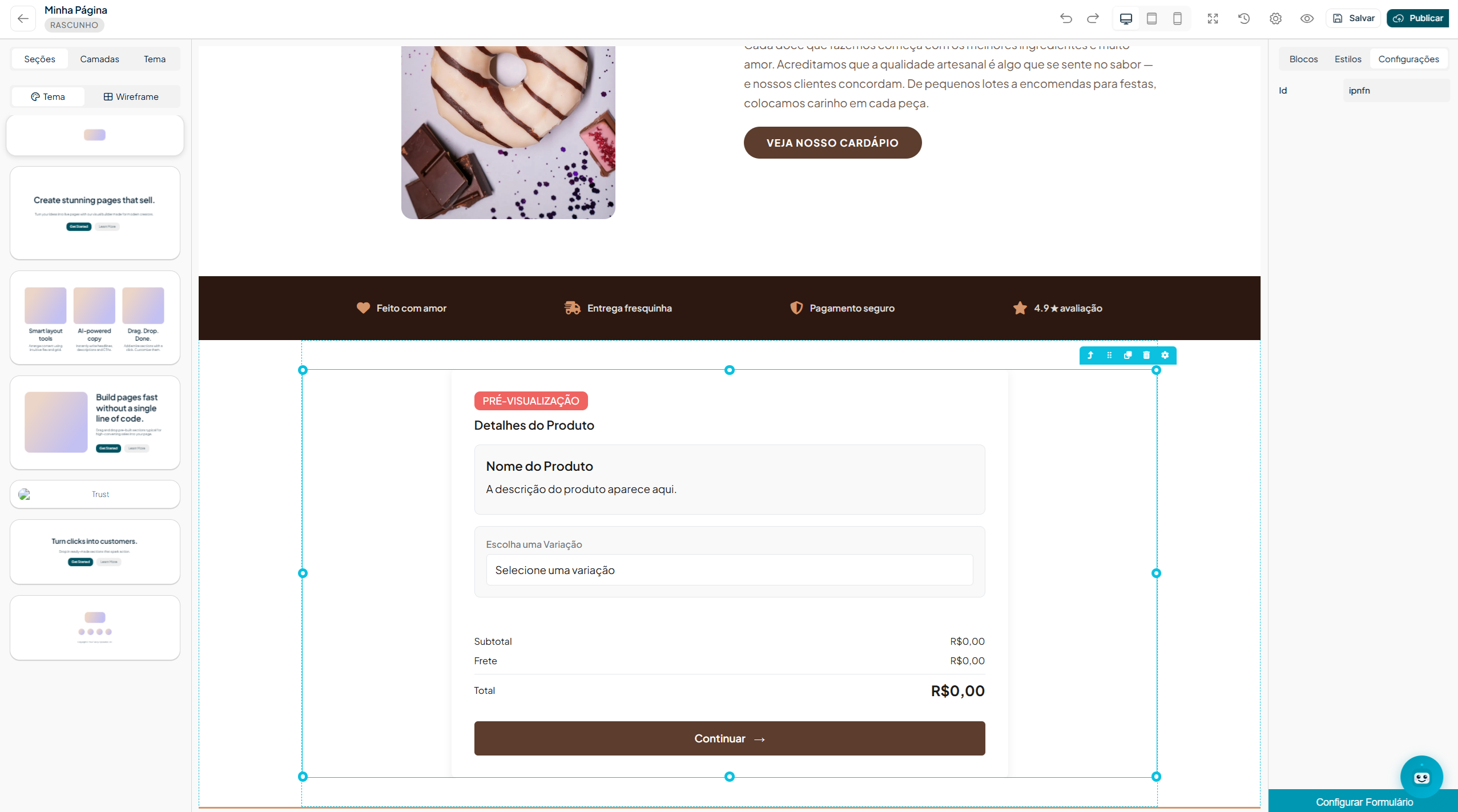 Formulário de pagamento integrado na página