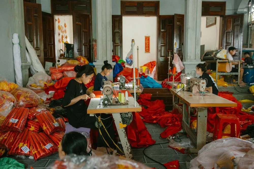 Fabric being sewn in a workshop