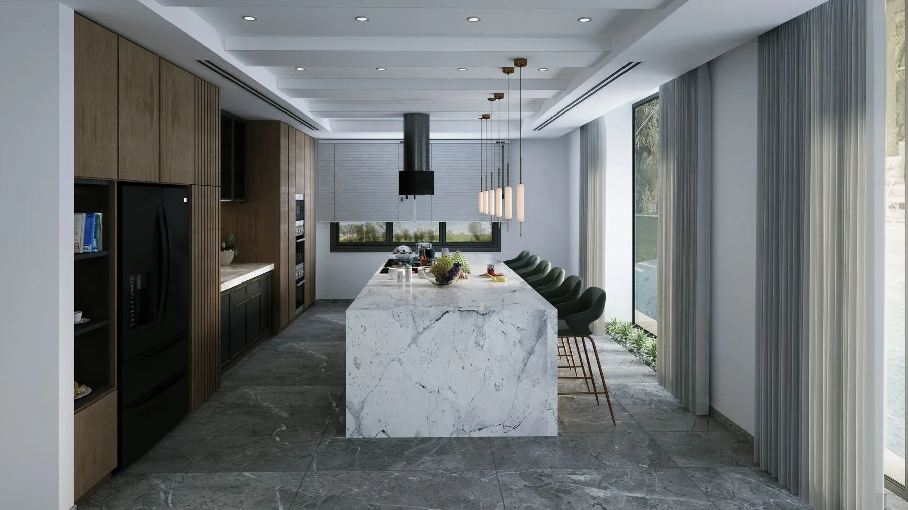 Pendant lights above a kitchen island in a bright interior