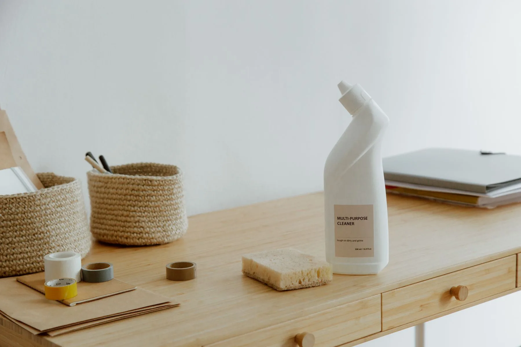 Cleaning supplies on an organised desk