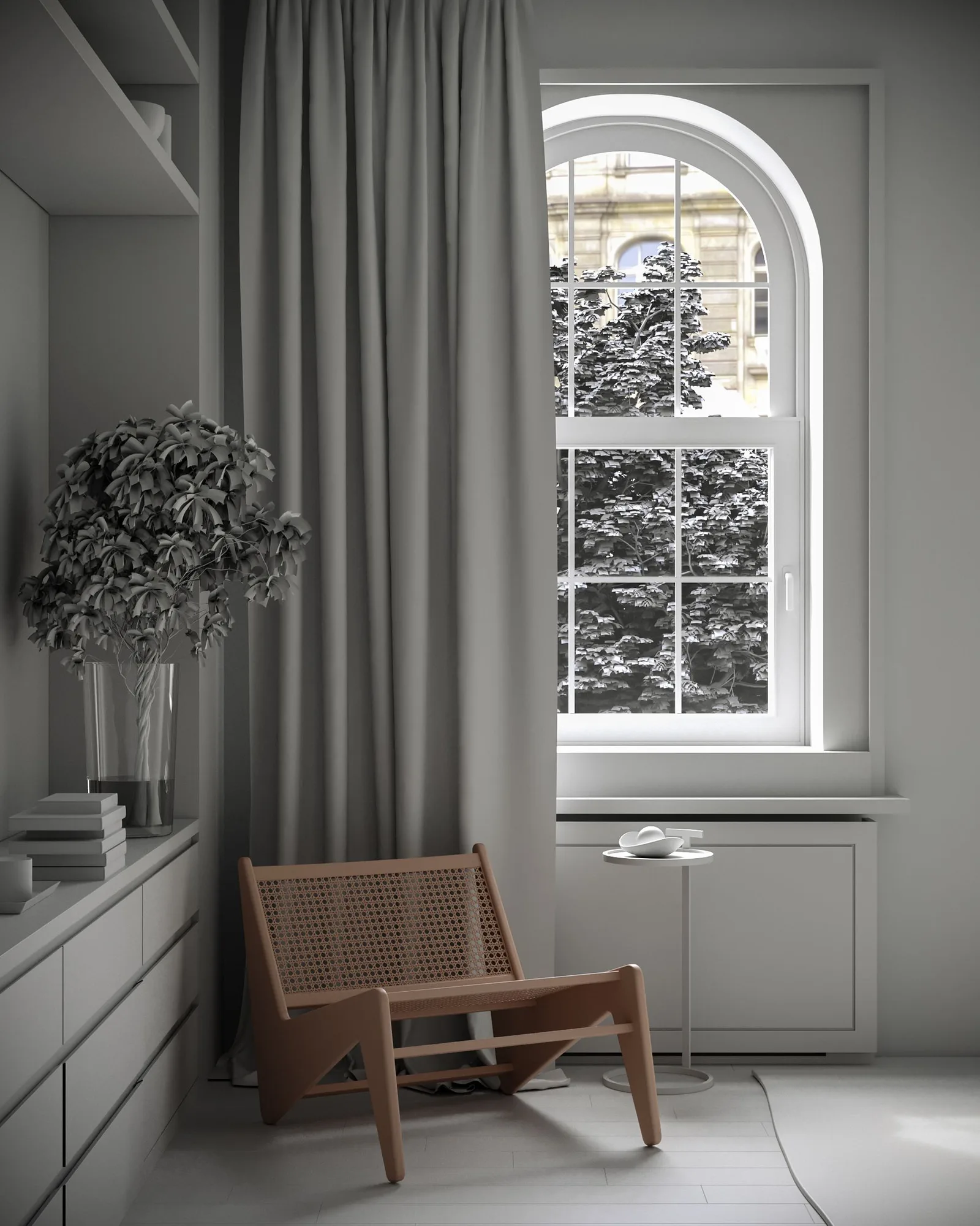 Sculptural wooden chair by a large window