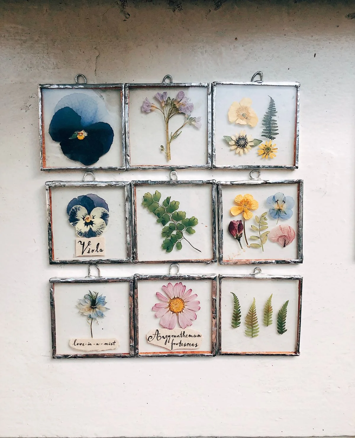 Pressed wildflower botanical frame on linen