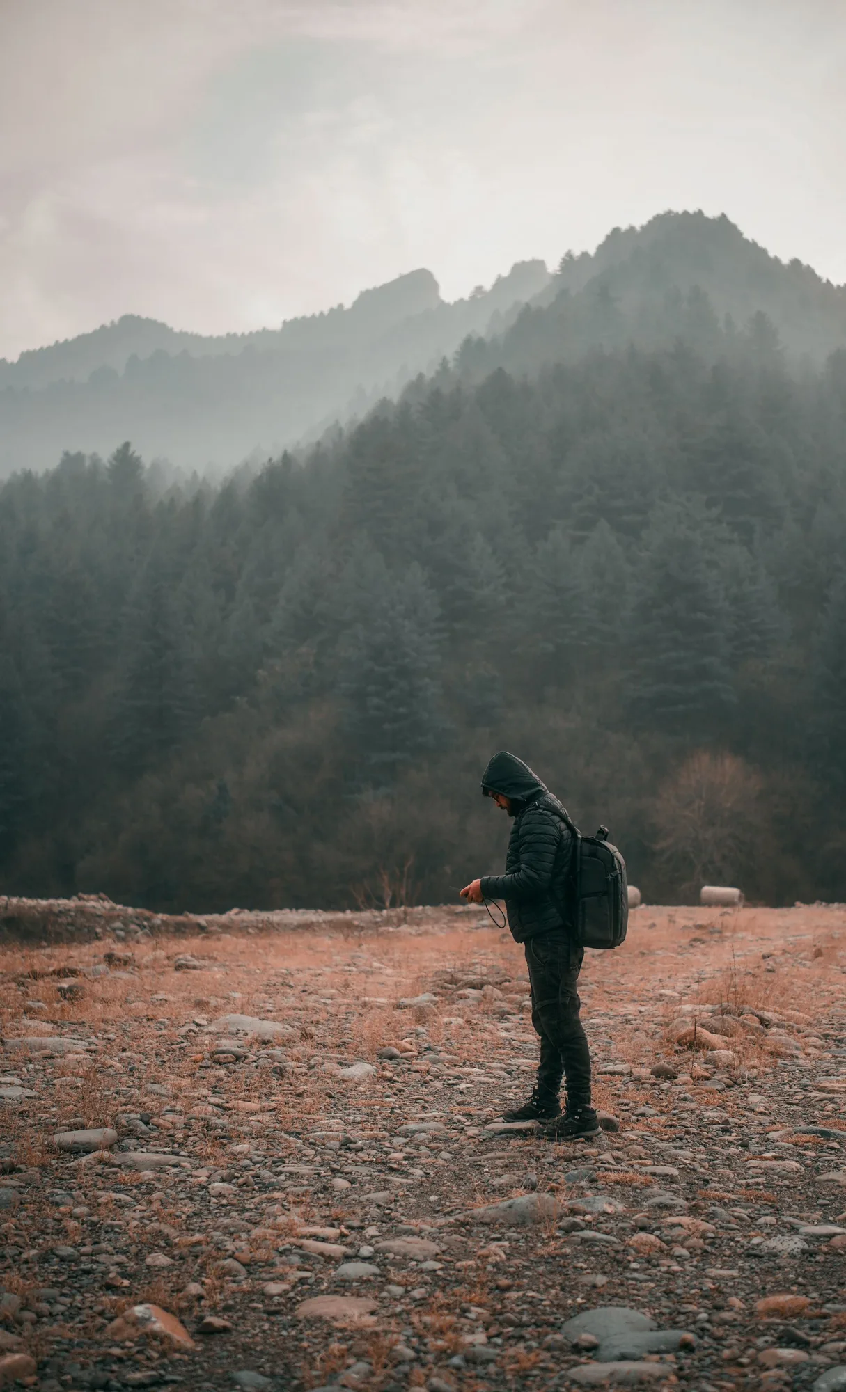 Hiker in a hooded jacket among misty mountains