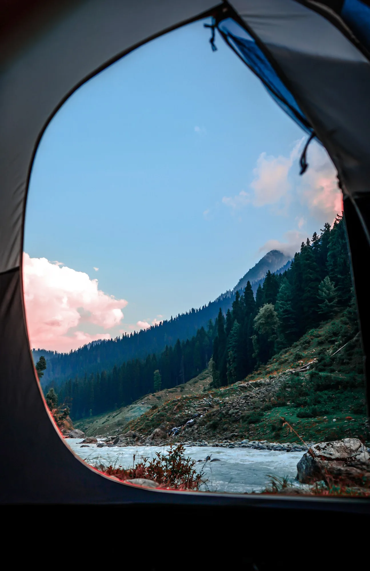 View from a tent towards a river and mountain forest
